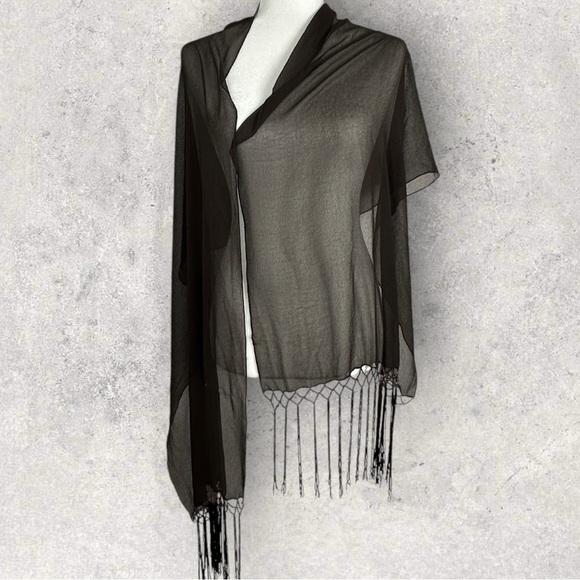 Brown Beaded Fringe Sheer Rectangular Scarf Bohemian Tassel 20" x 36" Wrap Skirt - Picture 10 of 15